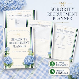 Peut inclure: Un planificateur de recrutement de sororité avec des illustrations d'hortensias bleus, comprenant des pages intitulées Daily Outfit Planner, Chapter Notes & Impressions et Bid Day Preparation. Le document imprimable inclut des listes.