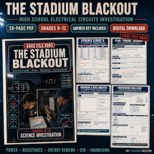 May include: A 28-page digital PDF science investigation titled The Stadium Blackout for grades 9-12. The document includes an evidence exhibit, graphing and data analysis sheets, and an engineering challenge, all featuring electrical circuit diagrams.