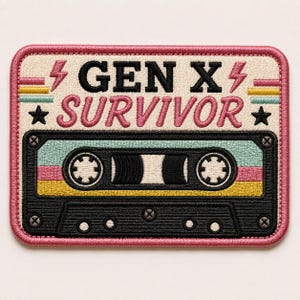 May include: A rectangular embroidered patch featuring a black cassette tape design. The text GEN X SURVIVOR is stitched in black and pink. The design includes pink lightning bolts, black stars, and horizontal stripes in teal, pink, and yellow.