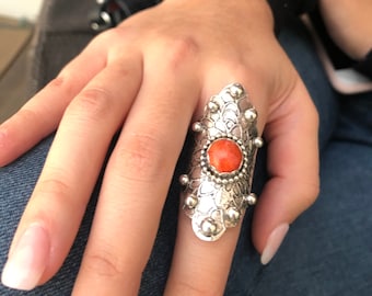 Red Coral ring statement handmade silver ring boho jewelry southwest style gift for her Libra birthstone coral jewelry cool chunky style