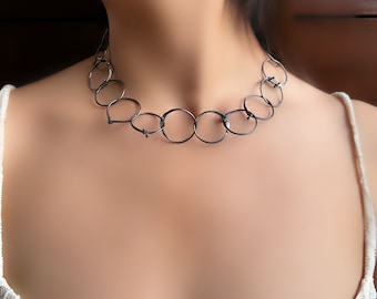 Circles Chain Link Necklace Handmade Sterling Silver Made by a Designer Jewelry Studio Choker Style Necklace  Gift For Her Versatile Jewelry