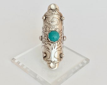 handmade sterling silver ring with turquoise stone and silver shots shield boho style nature motif saddle ring blue stone  silver jewelry