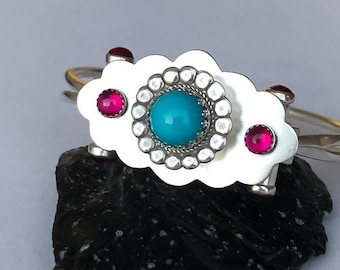 Pretty Turquoise Bracelet Art Nouveau style Sterling Silver hand made Gift for her size 7 Art to Wear comfortable elegant jewelry Beautiful