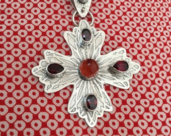 Cross Pendant in the Knights and Queens Jewelry Style, Authentic Garnets and Carnelian Handmade Fabulous gift