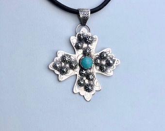 Blue Amazonite statement necklace stylish jewelry it can be fun or classic to wear gift for her striking cross design with tiny silver roses