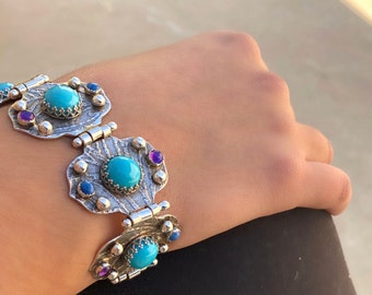 Bohemian Gift Bracelet made of Sterling Silver, Turquoise, Lapislazuli ,Amethyst, made in Venice CA Statement Jewelry for a Special Gift