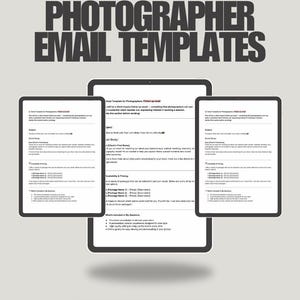 Puede incluir: Descarga digital de plantillas de correo electrónico para fotógrafos. La imagen muestra tres tabletas que muestran plantillas de correo electrónico. El texto "PHOTOGRAPHER EMAIL TEMPLATES" está en letras negras grandes y en negrita. La parte inferior de la imagen dice "LIFESTYLE & WEDDING PHOTO 5 PC SET".
