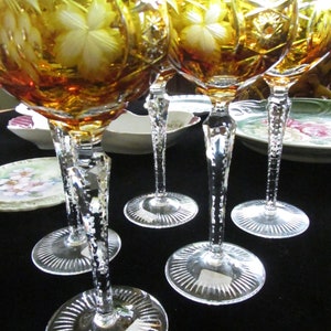 Mid-Century German Amber Hand Cut Crystal Wine Glasses - Set of 8