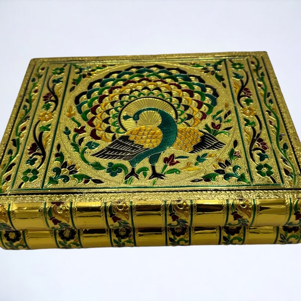 The Regal Peacock Jewelry Box vintage Jewelry holder gold peacock velvet lined Indian bangle box Meenakari jewellery case with mirror