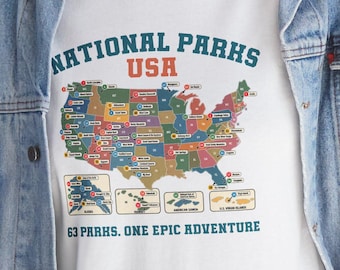National Parks USA Map T-Shirt, 63 Parks One Epic Adventure, Family Travel Keepsake, Bucket List Tee, Gift for Nature Lover, Vacay Souvenir