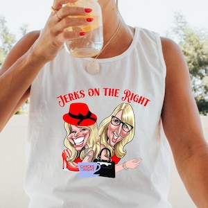 May include: White tank top with a red graphic of two women with the text "Jerks on the Right" and "Chicks on the Left" printed on the front.