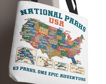 National Parks USA Map Tote Bag, 63 Parks Adventure Keepsake, Family Vacation Travel Souvenir, Nature Lovers Gift, Reusable Grocery Tote