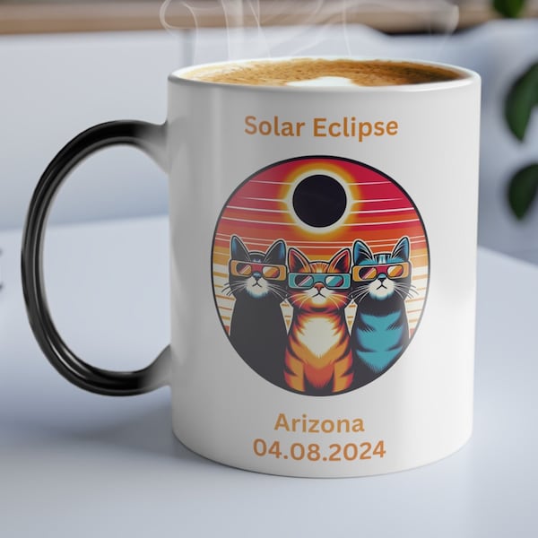 Total Solar Eclipse Color Morphing Mug, Cat Solar Glasses Black Mug, Custom 2024 Solar Eclipse Coffee Cup, State Name Eclipse Coffee Mug