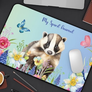 Floral Honey Badger Desk Mat, Botanical Badger Office Decor Keyboard Mat, Blooming Badger Extended Mouse Pad, Plant Lovers Animal Office Mat