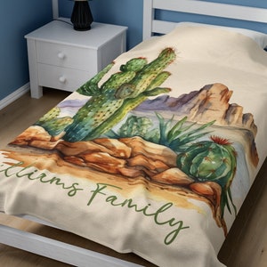 Custom Saguaro Cactus Blanket, Desert Landscape Velveteen Plush Blanket, Southwest Decor Comfy Throw, Arizona Home Decor Travel Wedding Gift