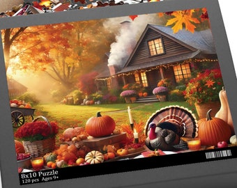 May include: A 120 piece jigsaw puzzle featuring a cozy autumn scene with a farmhouse, pumpkins, and a turkey. The box is black with the text "8x10 Puzzle 120 pcs Ages 9+"