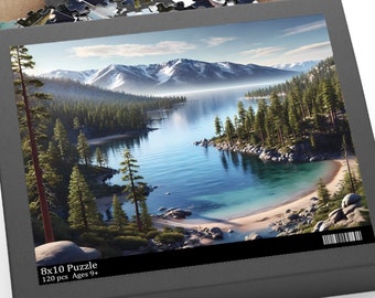 May include: A 120 piece 8x10 puzzle featuring a scenic view of a lake surrounded by trees and mountains. The box is open and shows the puzzle pieces inside.