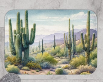 Saguaro Cactus Bathmat, Desert Bath Decor, Southwest Home Decor, Watercolor Desert Landscape Bath Decor, Unique Bath Rug, Cactus Aesthetic