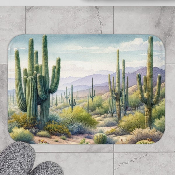 Saguaro Cactus Bathmat, Desert Bath Decor, Southwest Home Decor, Watercolor Desert Landscape Bath Decor, Unique Bath Rug, Cactus Aesthetic