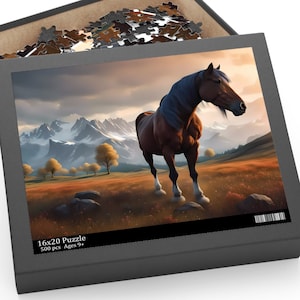 Grazing Horse Puzzle, Horse Lover Jigsaw Gift, Puzzle for Kids, Teens and Adults, Snowy Mountain Landscape Puzzle, Gift for Equestrians