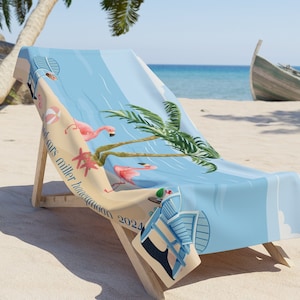 Personalized Beach Towel, Family Christmas Vacation Beach Towel, Pink Flamingo Beach Towel, Tropical Beach Towel, Custom Family Pool Towel