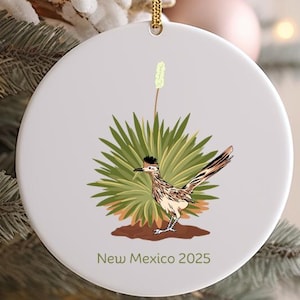 New Mexico State Ceramic Ornament, '25 New Mexico Alburquerque Holiday, Yucca Roadrunner Ornament Animal Lovers Gift, Santa Fe Traveler Gift