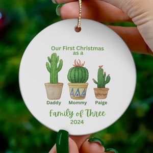 Our First Christmas Ornament, Cactus Family of Three, Family Ornament Gift, Custom Baby&#39;s 1st Christmas Holiday Decor, Stocking Stuffer Gift