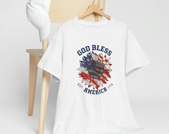 God Bless America T-Shirt, Patriotic 4th of July Shirt, Red White Blue Sunflower Tee, USA Flag Top, Graphic Independence Day Apparel Gift
