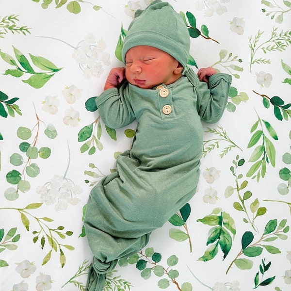 Newborn Baby Gown Set, Sage Green, with Knotted Hat and Top Knot Headband, Going Home Set, 3 Piece Set