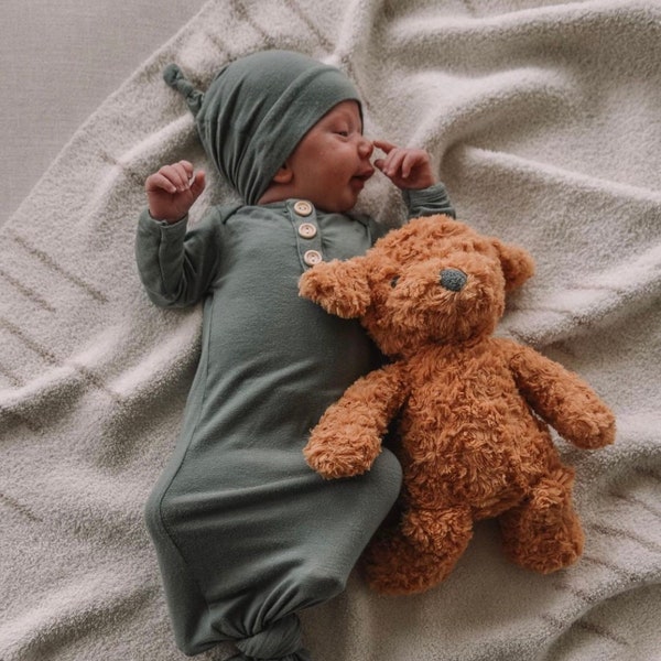 Newborn Baby Gown Set in Dusty Sage Green, with Knotted Hat and Top Knot Headband, Going Home Set, 3 Piece Set