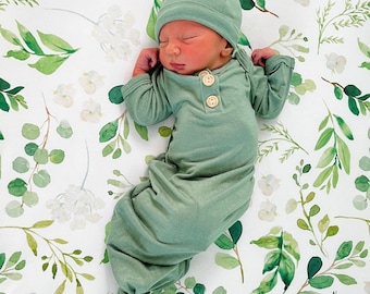 Newborn Baby Gown Set, Sage Green, with Knotted Hat and Top Knot Headband, Going Home Set, 3 Piece Set