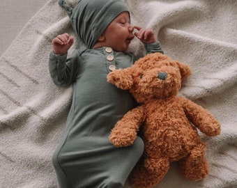 Newborn Baby Gown Set in Dusty Sage Green, with Knotted Hat and Top Knot Headband, Going Home Set, 3 Piece Set