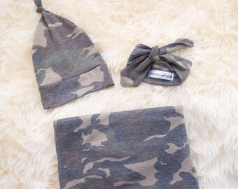 Baby Swaddle Blanket, Newborn Blanket, Camo Knit Swaddle Blanket Set with Top Knot Headband and Knot Hat