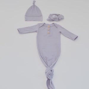 Newborn Baby Gown Set in Lavender, with Knotted Hat and Top Knot Headband, Going Home Set, 3 Piece Set