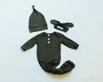 Newborn Baby Gown Set, Olive Green, with Knotted Hat and Top Knot Headband, Going Home Set, 3 Piece Set