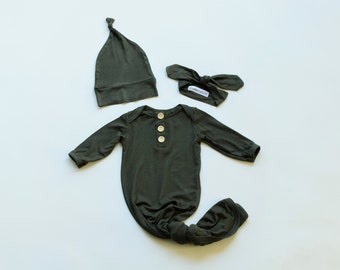 baby knotted gown,baby gift gender neutral baby clothes Baby knotted gown \u201cCole Light Olive Green with Camo Hat camo slouchy