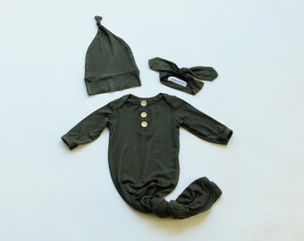 Neugeborenen-Babykleid-Set, olivgrün, mit geknoteter Mütze und Haarband, Going Home-Set, 3-teiliges Set