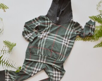 Baby Hoodie Set Including Pants in Plaid, Hooded Light Weight Sweatshirt, 2 Piece Set.