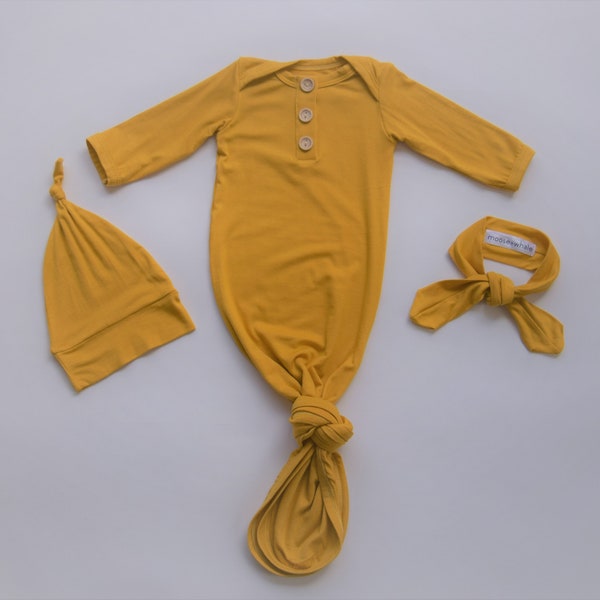 Newborn Baby Gown Set, Mustard Yellow with Knotted Hat and Top Knot Headband, Going Home Set, Light Fabric, 3 Piece Set