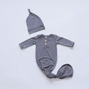 Newborn Baby Gown Set, Gray, with Knotted Hat, Going Home Set, 2 Piece Set