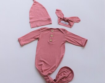 Newborn Baby Gown in Dusty Rose with Top Knot Headband, Knotted Hat, 3 Piece Going Home Set