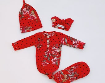 Newborn Baby Gown Set in Red Floral Print, with Knotted Hat and Top Knot Headband, Going Home Set, 3 Piece Set