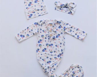 Newborn Baby Gown Set, Blue Floral, Bamboo Rayon, with Knotted Hat and Top Knot Headband, Going Home Set, Coming Home Set, 3 Piece Set