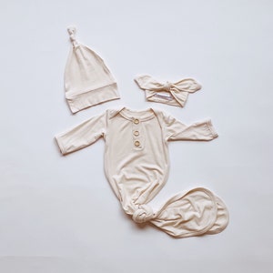 Newborn Baby Gown Set in Beige, Cream, with Knotted Hat and Top Knot Headband, Going Home Set, 3 Piece Set