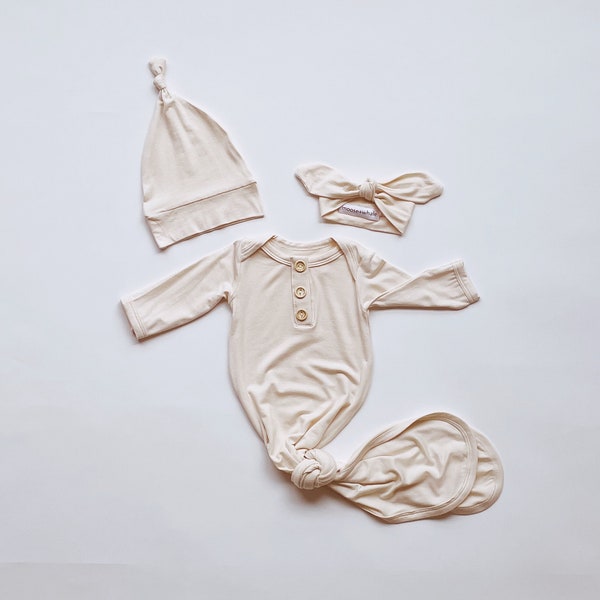 Newborn Baby Gown Set in Beige, Natural Tan, with Knotted Hat and Top Knot Headband, Going Home Set, 3 Piece Set