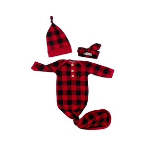 Buffalo Plaid Newborn Baby Gown Set with Knotted Hat and Top Knot Headband, Going Home Set, 3 Piece Set