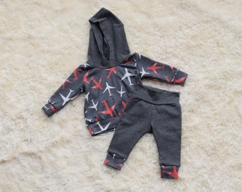 Baby Hoodie Set Including Pants with Airplane Print, Toddler Hooded Sweatshirt, 2 Piece Set