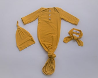 Newborn Baby Gown Set, Mustard Yellow with Knotted Hat and Top Knot Headband, Going Home Set, Light Fabric, 3 Piece Set