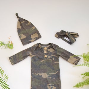 Camo Newborn Baby Gown Set, Knotted Hat and Top Knot Headband, Going Home Set, Soft Fabric