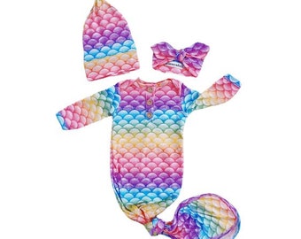 Rainbow Mermaid Newborn Baby Gown, with Knot Hat and Headband, Handmade in USA
